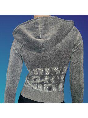 Y2K Juicy Couture Gray Velour Zip Up Track Jacket Size XS Silver Glitter Hoodie